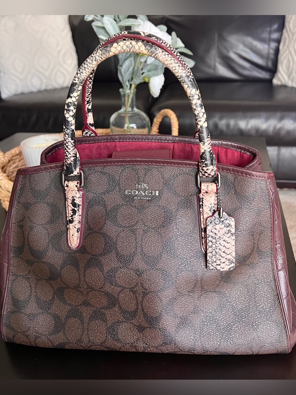 COACH MARGOT Embossed Snake Leather Signature Satchel Dark Brown/Burgundy - Picture 13 of 16
